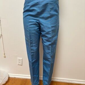 Oscar De La Renta Blue Silk Cotton Blend Beaded Pants Size 12